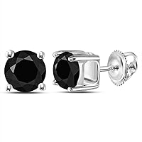 14kt White Gold Unisex Round Black Color Enhanced Diamond Solitaire Stud Earrings 2.00 Cttw