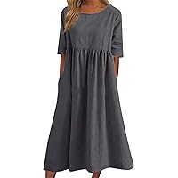 EFOFEI Women's Plus Size Casual Loose Dresses Short Sleeve Round Neck Maxi Dress Swing Cotton Linen Dresses