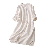 Women Cotton Linen Rollable Long Sleeve Button Down Shirt Dress Summer Dressy Casual Loose Fit Solid Tunic Dresses