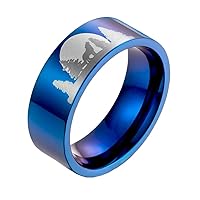 Men's Stainless Steel 8MM Forest Howling Lone Wolf in The Moonlight Cool Rings High Polished