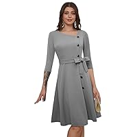 Dresses for Women 2023 Women's Casual Dress Asymmetrical Neck Button Front Belted Dress (Color : Gray, Size : Large)
