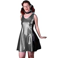 Women Shiny meatallic Sleeveless A-line Mini Dress Sexy Slim Splicing Low Neck Wet Look Dress