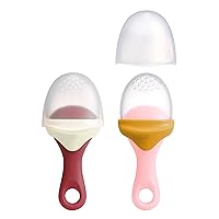 Pulp Silicone Baby Fruit Feeder - Soft Silicone Baby Feeding Set - Fruit and Vegetable Baby Led Weaning Supplies - Baby Feeding Essentials - Orange/Mauve and White/Mauve- 2 Count