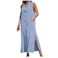Notch V Neck Button Down Tank Dress for Women Casual Cotton and Linen Maxi Dress with Pockets Loose Split Summer Dress