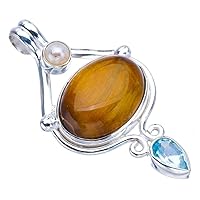 StarGems® Natural Tiger Eye River Pearl And Blue TopazHandmade 925 Sterling Silver Pendant 1.75