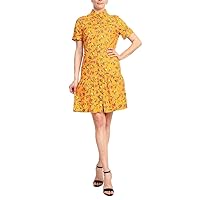 Donna Morgan Collared High Neck Button Down Folded Short Sleeve Multi Print Cotton Blend Dress with Pockets Amber RED / 8