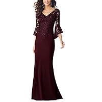 Women's Mermaid Chiffon Mother of The Bride Dresses Lace Applique Evening Gowns with Sleeves