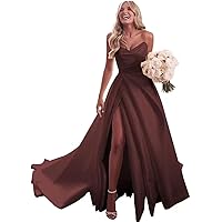 Satin A Line Bride Wedding Dress Long Formal Evening Dress with Split Pockets