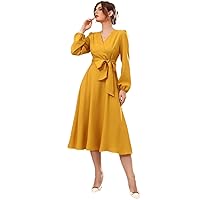 Dress Surplice Neck Bishop Sleeve Belted Dress