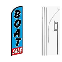 AES Boat Sale Blue/Black/Red/White Windless Banner Flag & 16ft Flagpole Kit/Ground Spike Advertising 11.5'x2.5' (Foot) Super-Knitted Polyester Swooper Windless Banner Super Flag