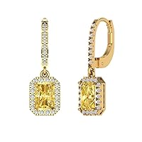 5.8ct Brilliant Emerald Cut Halo Drop Dangle Natural Citrine Solid 18k Yellow Gold Earrings Lever Back