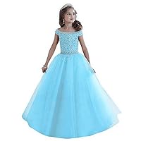 VeraQueen Girl's Off Shoulder Long Pageant Dresses Princess Tulle Beaded Straps Birthday Party Dress
