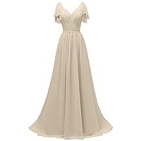 Women's V-Neck Chiffon Bridesmaid Dress Short Sleeves Flowy Evening Gown