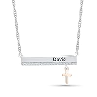 DGOLD Sterling Silver & 10KT Pink Gold Silver Round White Diamond Personalised Bar Cross Necklace