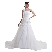 Ivory One Shoulder Flower Strap A Line Wedding Dresses With Ruching