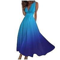 Boho Dresses for Women 2024, Cute Dresses for Women Sexy Dresses Sleeveless Dress Ladies Casual Maxi Casual V Neck Fashion Retraction Printed Loose Boho Outdoor Waist Long Dress (Blue,3X-Large)