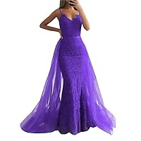 Women's V Neck Appliqued Mermaid Prom Dress with Detachable Dress Evening Dress