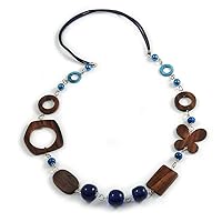 Long Wood, Glass, Ceramic Bead Blue Suede Cord Necklace in Blue/Brown - 90cm Long