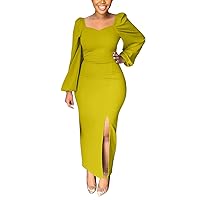 Women's Autumn and Winter Solid Color Long Sleeved U Neck Open Hip Sexy Dress Fancy Evening Dresses Women