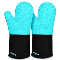 sungwoo Extra Long Silicone Oven Mitts, Heat Resistant Oven Gloves with Quilted Liner Non-Slip Textured Grip Perfect for BBQ, Baking, Cooking and Grilling - 1 Pair 14.6 Inch Turquoise & Black