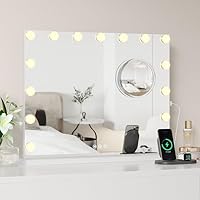 IDEALHOUSE 2024 New 23 x 18 Vanity Mirror with Lights, Makeup Mirror with 3X Detachable Magnification Mirror, USB Charging Port, 15 LED Bulbs, and 3 Colors Modes for Tabletop, Metal Frame, White