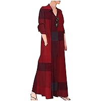 Cotton Linen Dresses for Women,2024 Spring Summer Trendy Lapel Button Down Maxi Dress,Casual Loose Long Sleeve Beach Dress