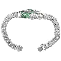 10mm Wide Sterling Silver Cubic Zirconia Green St Jude Bracelet for Men Cuban Chain Links Rhodium Finish Box Clasp 8 inch