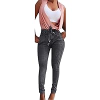 Women's Stretch Skinny Jeans Tassel Trim Pull On 2024 Denim Pants Trendy Elastic Butt Lifting Mom Belted Stretchy Y2K