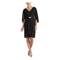 R&M Richards Womens Black Embellished Zippered Draped at Front Bell Sleeve V Neck Knee Length Evening Fit + Flare Dress 8