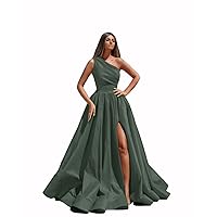 Women's One Shoulder Satin High Split Prom Dress Sleeveless Floor Length Evening Dress Grey