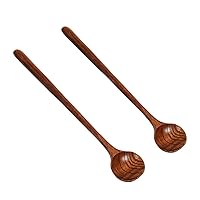 2PCS Long Wooden Soup Spoon, Long Handle Round Spoons Korean Style Wooden Coffee Spoons for Soup Cooking Mixing Stirring Kitchen Tools Utensils (Brown)