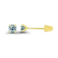 Solid 14k Gold Hypoallergenic 3mm Round Birthstone Solitaire Screw Back Stud Earrings