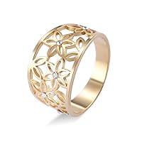 TEAMER Vintage Flower of Life Ring Stainless Steel Elegant Filigree Flower Clear Zircon Finger Rings Casual Jewelry for Women Girls