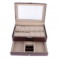 12 Slots Watch Box, Mens&Womens Jewelry Display Organizer Lockable Watch Storage Case, Faux Leather with Glass Top