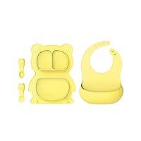 Silicone Baby Feeding Set Foldable, Portable Baby Led Weaning Supplies With 1 Pack Divided Plate, Bib, Spoon and Fork Baby Tableware Set