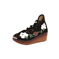Women and Ladies Embroidery Flower Platform Wedge Shoes Sandals Black