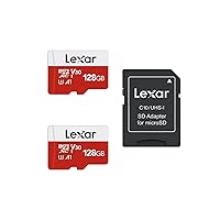 Lexar E-Series 128GB Micro SD Card 2 Pack, microSDXC UHS-I Flash Memory Card with Adapter, 100MB/s, C10, U3, A1, V30, Full HD, 4K UHD, High Speed TF Card