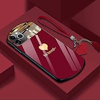 LOFIRY-Oval Heart-Shaped Tempered Glass Phone Case for iPhone 15 14 Pro Max Plus Mirror Lanyard Cover (For iPhone 14Promax,red)