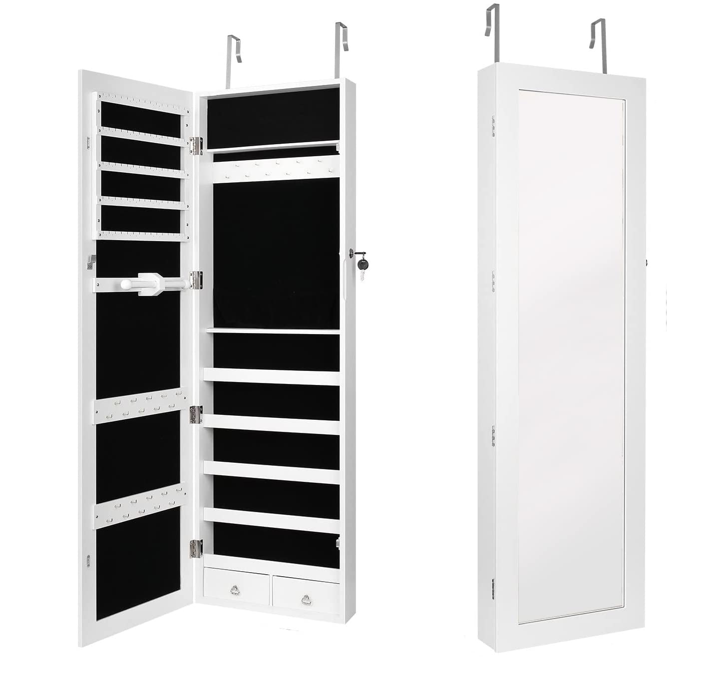 Jewelry Cabinet, Full-Length Mirror Cabinet with Lock, Over Door Hanging Jewelry Armoire Organizer with Large Capacity Storage