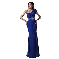 Royal Blue Chiffon One Shoulder Mermaid Prom Dress With Beaded Wasit