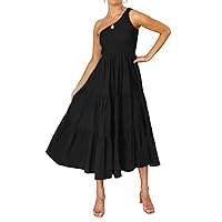 ZCSIA Women's 2024 Summer Boho One Shoulder Sleeveless Solid Color Ruffle Beach Party Tiered Midi Dress