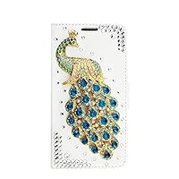 Crystal Wallet Phone Case Compatible with iPhone 14 Pro Max - Peacock - Green - 3D Handmade Sparkly Glitter Bling Leather Cover with Screen Protector & Beaded Phone Lanyard