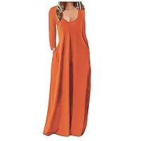 Women's Dresses Fall Casual Loose Solid Color Long Dress Sexy Deep V Neck Sleeve Dress, S-5XL