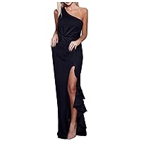Evening Dresses for Women Fashion Sexy Slim Solid Waist Kinks Irregular Ruffled Slant-Shoulder Sleeveless Dress