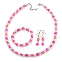 Avalaya Deep Pink/Pastel Pink Glass/Ceramic Bead with Silver Tone Spacers Necklace/Earrings/Bracelet Set - 48cm L/ 7cm Ext
