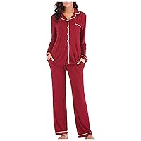 Modal Pajamas Set 2Pcs Outfits Button Down Long Sleeve T-Shirts and Straight Leg Pants Nightwear Soft Lounge Pj Sets