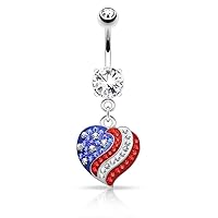 Crystal Paved American Flag Heart Dangle 316L Surgical Steel WildKlass Navel Ring (Sold by Piece)