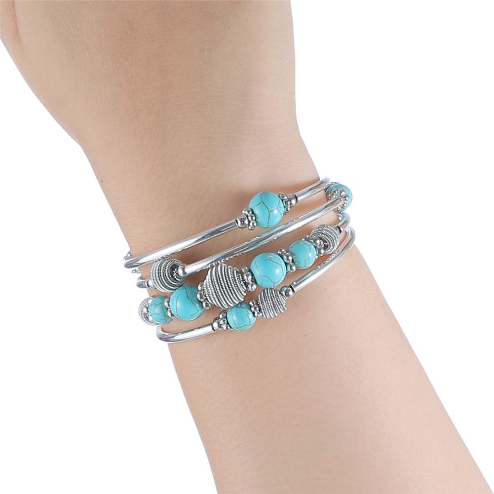 PEARL&CLUB Beaded Chakra Bangle Turquoise Bracelet - Fashion Jewelry Wrap Bracelet with Thick Silver Metal and Mala Beads, Birthday Gifts for Women
