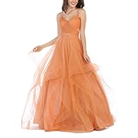 Women's V-Neck Long Glitter Tulle Spaghetti Prom Ball Gowns 6 Orange