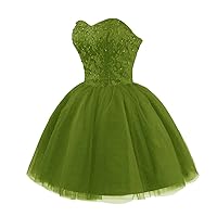 Strapless Cocktail Dresses Short Lace Tulle Puffy A-Line Prom Quinceanera Dresses for Juniors Homecoming Dresses Olive